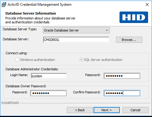 HID Credential Management System Database Server Information dialog box with the Database Administrator Credentials and the Database Owner Password fields completed